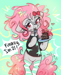 Size: 1709x2100 | Tagged: safe, artist:krista-21, derpibooru import, oc, oc only, oc:krista pebble, earth pony, abstract background, bipedal, birthday, birthday cake, bow, cake, clothes, curly hair, curly mane, ears, eating, female, floppy ears, food, fork, freckles, glasses, hair bow, hoof hold, looking at you, mare, pink eyes, pink mane, round glasses, shirt, smiling, smiling at you, socks, solo, striped socks, t-shirt, text