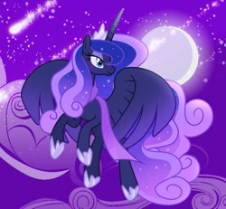 Size: 1323x1220 | Tagged: safe, artist:cstrawberrymilk, derpibooru import, princess luna, alicorn, pony, g4, alternate accessories, blue coat, clothes, cloud, colored wings, colored wingtips, crown, ethereal mane, ethereal tail, eyelashes, flying, full moon, gradient mane, gradient tail, gradient wings, gradient wingtips, head turn, hoof shoes, horn, jewelry, lidded eyes, long horn, moon, night, outdoors, partially open wings, princess shoes, profile, purple mane, purple sky, purple tail, purple wingtips, regalia, scarf, shooting star, slender, smiling, solo, sparkles, sparkly mane, sparkly tail, starry mane, starry tail, tail, teal eyes, thin, unicorn horn, wings