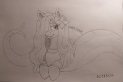 Size: 3915x2612 | Tagged: safe, artist:curly horse, derpibooru import, oc, oc only, oc:lamey, lamia, original species, snake, snake pony, bracelet, female, flower, flower in hair, gift art, high res, jewelry, long mane, monochrome, pencil drawing, sketch, solo, traditional art