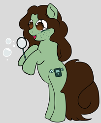 Size: 2048x2500 | Tagged: safe, artist:cr1msonstar, derpibooru exclusive, derpibooru import, oc, oc only, oc:writtendreams, earth pony, pony, bipedal, blowing bubbles, doodle, gray background, request, requested art, simple background, solo