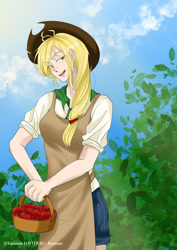 Size: 750x1058 | Tagged: safe, artist:funinue, derpibooru import, applejack, human, g4, apple, apron, basket, clothes, female, feminism, food, humanized, light skin, outdoors, solo