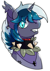 Size: 1240x1754 | Tagged: safe, artist:galactichooves, derpibooru import, oc, oc only, oc:elizabat stormfeather, bat pony, pony, unicorn, badge, blue eyes, bust, choker, ear piercing, earring, fangs, female, gray, horn, jewelry, leaves, looking at you, mare, necklace, outline, piercing, request, requested art, shiny eyes, simple background, solo, spiked choker, transparent background, white outline