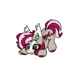 Size: 1200x1200 | Tagged: safe, artist:rejiser, derpibooru import, oc, oc only, bat pony, pony, bat ears, bat wings, cherry, cute, ear fluff, ears, female, food, silly, simple background, solo, tail, white background, wings