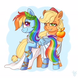 Size: 2042x2048 | Tagged: safe, artist:galaxy swirl, derpibooru import, idw, applejack, rainbow dash, earth pony, pegasus, pony, g4, blushing, clothes, cute, dashabetes, duo, golden apple, jackabetes, raised hoof, raised leg, toga