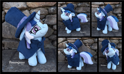 Size: 2940x1754 | Tagged: safe, artist:peruserofpieces, derpibooru import, oc, oc only, oc:flawless sparklemoon, pony, unicorn, beanie (plushie), bipedal, cape, cloak, clothes, female, fusion, fusion:trixie, fusion:twilight sparkle, fusion:twixie, hat, horn, irl, looking at you, mare, my little pony the movie: the death of twilight sparkle, photo, plushie, smiling, smirk, solo, starry eyes, top hat, wingding eyes