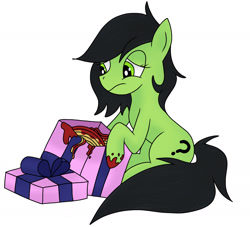 Size: 1415x1283 | Tagged: safe, artist:scraleos, derpibooru import, oc, oc only, oc:anon-mare, earth pony, food, pasta, present, solo, spaghetti, unamused