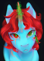 Size: 1644x2241 | Tagged: safe, artist:comatoyze, derpibooru import, oc, oc only, pony, unicorn, applying makeup, bust, eyeliner, female, glowing, glowing horn, heterochromia, high angle, horn, looking at you, makeup, mare, scar, simple background, slit eyes, solo