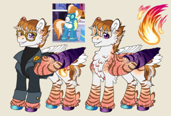 Size: 1280x872 | Tagged: safe, artist:malinraf1615, derpibooru import, fire streak, pony, g4, alternate design, cheek fluff, chest fluff, clothes, colored hooves, colored pinnae, colored wings, colored wingtips, cyan eyes, ear fluff, ear stripes, ears, elbow fluff, folded wings, glasses, gradient ears, gradient legs, gradient mane, gradient tail, gradient wings, grin, heterochromia, hock fluff, hooves, horizonverse, jacket, lead pony badge, leg stripes, looking at you, male, mismatched hooves, purple eyes, screencap reference, simple background, smiling, solo, stallion, striped wings, stripes, sweater, tail, tail feathers, turtleneck, unshorn fetlocks, white background, wings