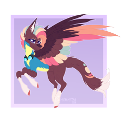 Size: 4320x4320 | Tagged: safe, artist:chazmazda, derpibooru import, oc, oc only, pegasus, pony, g4, wonderbolts academy, background, cat tail, clothes, coat markings, colored, colored wings, concave belly, eyeshadow, flat colors, goggles, large wings, makeup, multicolored hair, multicolored wings, my little pony: friendship is magic, pegasus oc, plaster, purple eyes, rainbow, rainbow hair, short hair, smiling, tail, uniform, wings, wonderbolts, wonderbolts uniform