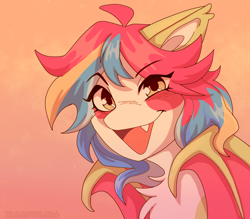 Size: 2512x2200 | Tagged: safe, artist:kaijulii, derpibooru import, oc, oc only, oc:pequeña piñata, bat pony, pony, :d, anime, bat pony oc, fangs, multicolored hair, multicolored mane, open mouth, open smile, retro, smiling, solo, sparkles, sparkly eyes, two toned coat, white fur, wingding eyes, yellow fur