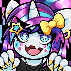 Size: 4000x4000 | Tagged: safe, artist:partypievt, derpibooru import, oc, oc only, oc:party pie, anthro, unicorn, bow, chibi, claws, clothes, ear piercing, earring, eye clipping through hair, eyebrows, eyebrows visible through hair, facial markings, fangs, fingernails, fringe, hair bow, hair over one eye, hairclip, horn, icon, jewelry, looking at you, necklace, piercing, ponytail, scene, shirt, smiling, smiling at you, solo, t-shirt, wingding eyes