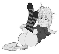 Size: 2764x2508 | Tagged: artist needed, safe, oc, oc only, oc:synthwave, pony, unicorn, /mlp/, 4chan, bags under eyes, blonde, blonde mane, blonde tail, bored, butt, clothes, clothing, dock, eyelashes, femboy, girly, hoodie, large butt, lying down, makeup, male, neet, sketch, socks, solo, stallion, thunder thighs, tired, trap, wide hips