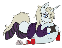 Size: 1027x791 | Tagged: artist needed, safe, oc, oc only, oc:synthwave, pony, unicorn, /mlp/, 4chan, bags under eyes, blonde, blonde mane, blonde tail, bored, butt, clothes, clothing, console, cushion, dock, eyelashes, femboy, girly, hoodie, large butt, lying down, male, neet, playing, rubbish, sketch, socks, solo, stallion, thunder thighs, tired, trap, wide hips