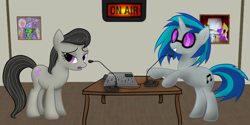 Size: 1792x896 | Tagged: safe, artist:zonra, derpibooru import, dj pon-3, octavia melody, vinyl scratch, oc, earth pony, pony, unicorn, g4, 2011, fanfic, horn, microphone, old art, radio show, vinyl's glasses