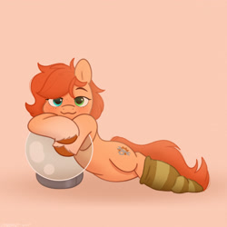 Size: 2480x2480 | Tagged: safe, artist:starburstuwu, derpibooru import, oc, oc only, oc:rusty gears, earth pony, pony, blushing, clothes, female, high res, lidded eyes, looking at you, lying down, mare, on side, orange background, simple background, smiling, smiling at you, socks, solo, space helmet, striped socks, unshorn fetlocks