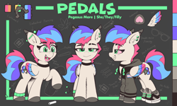 Size: 3404x2048 | Tagged: safe, artist:pedalspony, derpibooru import, oc, oc only, oc:pedals, pegasus, pony, anklet, bloodshot eyes, border, chalk, choker, clothes, color palette, colored hooves, colored wings, cutie mark, dock, dock piercing, double helix piercing, drugs, ear piercing, ear tufts, excited, eyebrow slit, eyebrows, eyebrows visible through hair, feather, female, folded wings, freckles, glasses, grin, helix piercing, hoodie, hoof heart, hooves, industrial piercing, jewelry, joint, looking at you, mare, marijuana, marijuana leaf, mixed pronouns, multicolored wings, neopronouns, not impressed, not zipp storm, open mouth, open smile, outfit, passepartout, piercing, pride, pride flag, raised hoof, raised leg, reference sheet, shoes, skateboard, smiling, sneakers, solo, solo transgender, sunglasses, tail, tail piercing, teeth, three toned mane, tongue piercing, trans female, transgender, transgender pride flag, underhoof, wings