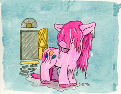 Size: 798x615 | Tagged: safe, artist:lost marbles, derpibooru import, pinkie pie, earth pony, pony, g4, puddle, rain, traditional art, wet, wet mane