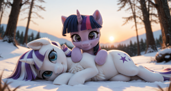 Size: 3360x1792 | Tagged: safe, ai content, derpibooru import, machine learning generated, twilight sparkle, twilight velvet, pony, unicorn, g4, anonymous prompter, chest fluff, cute, duo, ear fluff, ears, female, fluffy, forest, generator:pony realism 2.1, horn, looking at you, lying down, lying on the ground, lying on top of someone, mare, mother and child, mother and daughter, mountain, mountain range, nature, on ground, on side, outdoors, parent and child, prompt in comments, realistic, smiling, smiling at you, snow, sun, tree, unshorn fetlocks, wholesome