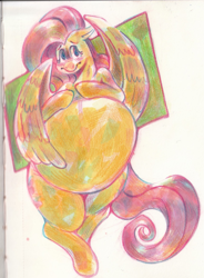 Size: 1331x1813 | Tagged: safe, artist:breakersunny, derpibooru import, fluttershy, pegasus, pony, g4, belly, big belly, blushing, colored pencil drawing, female, mare, marker drawing, pregnant, solo, tail, traditional art