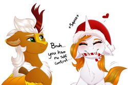 Size: 3000x2000 | Tagged: safe, artist:decemberbreeze, derpibooru import, oc, oc only, oc:aurora shinespark, oc:verdant pyre, kirin, unicorn, :3, candy, candy cane, chest fluff, christmas, cloven hooves, dialogue, duo, ear fluff, ear piercing, earring, ears, eyeshadow, female, floppy ears, food, happy, hat, heart, holiday, horn, jewelry, kirin oc, makeup, male, mare, no source available, piercing, pumpkin, santa hat, silly, simple background, squee, stallion, sternocleidomastoid, transparent background, unicorn oc