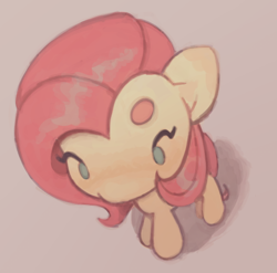 Size: 534x527 | Tagged: safe, artist:onionpwder, derpibooru import, fluttershy, pegasus, pony, g4, beanbrows, beige background, big ears, chibi, colored eyebrows, cute, dot eyes, ears, eyebrows, eyelashes, female, high angle, mare, no mouth, overhead view, pink mane, pink tail, shiny mane, shyabetes, simple background, solo, standing, tail, teal eyes, yellow coat