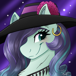 Size: 800x800 | Tagged: safe, artist:decemberbreeze, derpibooru import, coloratura, earth pony, g4, alternate design, chest fluff, ear fluff, ear piercing, earring, ears, female, gradient background, hat, jewelry, mare, no source available, piercing, signature, smiling, solo