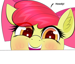 Size: 3500x3000 | Tagged: safe, artist:scandianon, derpibooru import, apple bloom, earth pony, pony, g4, adorabloom, blushing, cute, female, filly, foal, happy, howdy, looking at you, simple background, smiling, smiling at you, white background