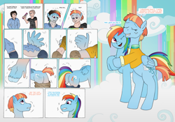 Size: 3439x2404 | Tagged: safe, artist:axiomtf, artist:tf-plaza, derpibooru import, rainbow dash, windy whistles, human, pegasus, pony, g4, bipedal, comb, dialogue, duo, female, high res, hug, human to pony, male, mare, mental shift, mid-transformation, solo, species swap, speech bubble, transformation, transformation sequence, transgender transformation