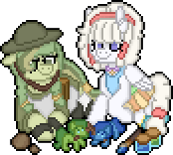 Size: 696x624 | Tagged: safe, alternate version, artist:bloonacorn, derpibooru import, oc, oc:cloudy cushion, oc:mae baskets, earth pony, pegasus, apron, clothes, digital art, duo, earth pony oc, figurine, helmet, paintbrush, pegasus oc, pixel art, simple background, skirt, transparent background