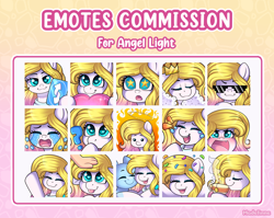 Size: 3000x2386 | Tagged: safe, artist:madelinne, derpibooru import, oc, oc only, oc:angel light, celebration, commission, crown, crying, emoji, emote, emotes, food, glasses, heart, hug, jewelry, laughing, playing card, regalia, solo, tea, thinking, uno, uno reverse card