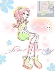 Size: 1180x1530 | Tagged: safe, artist:sanyiaoyiao, derpibooru import, angel bunny, applejack, fluttershy, rainbow dash, human, equestria girls, g4, cute, humanized, lanky, midriff, screencap reference, shyabetes, skinny, tall, thin, translation request