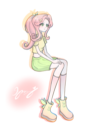 Size: 1180x1530 | Tagged: safe, artist:sanyiaoyiao, derpibooru import, fluttershy, human, g4, cute, humanized, lanky, midriff, shyabetes, simple background, skinny, tall, thin, translation request, white background