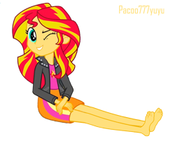 Size: 1374x1106 | Tagged: safe, artist:paco777yuyu, derpibooru import, sunset shimmer, human, equestria girls, g4, barefoot, feet, female, looking at you, one eye closed, simple background, sitting, solo, transparent background, wink, winking at you