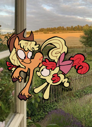 Size: 1280x1764 | Tagged: safe, artist:dartoons, derpibooru import, apple bloom, applejack, earth pony, pony, g4, apple sisters, female, filly, foal, irl background, looking at each other, looking at someone, mare, siblings, sisters, unshorn fetlocks