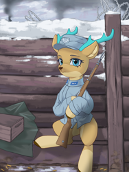 Size: 3000x4000 | Tagged: safe, artist:闪电_lightning, derpibooru import, oc, oc only, oc:elain olsen, deer, reindeer, equestria at war mod, antlers, blue eyes, clothes, doe, ear fluff, ears, female, gun, looking at you, olenia, rifle, snow, solo, trench, trenchcoat, weapon