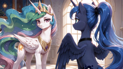 Size: 3840x2160 | Tagged: safe, ai content, derpibooru import, machine learning generated, princess celestia, princess luna, alicorn, pony, g4, cute, day, duo, female, indoors, jewelry, mare, prompter:bluetoothworld, wallpaper, window