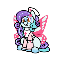 Size: 1000x950 | Tagged: safe, artist:paperbagpony, derpibooru import, oc, oc only, oc:icy hot, butterfly wings, clothes, commissioner:dhs, costume, halloween, happy, heart, holiday, long mane, looking at you, mask (face marking), nurse, simple background, sitting, smiling, solo, transparent background, uniform, wings