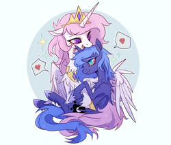 Size: 1832x1558 | Tagged: safe, artist:qswomozi, derpibooru import, princess celestia, princess luna, alicorn, pony, g4, :d, circle background, crown, dishevelled, female, full body, hug, jewelry, looking at each other, looking at someone, mare, open mouth, open smile, pink-mane celestia, regalia, royal sisters, siblings, sisters, sitting, skinny, smiling, sparkles, speech bubble, spoken heart, spread wings, thin, winghug, wings, younger