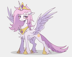 Size: 1355x1074 | Tagged: safe, artist:qswomozi, derpibooru import, princess celestia, alicorn, pony, g4, concave belly, crown, dishevelled, female, full body, jewelry, mare, pink-mane celestia, regalia, shadow, simple background, smiling, solo, spread wings, standing, thin, white background, wings, younger