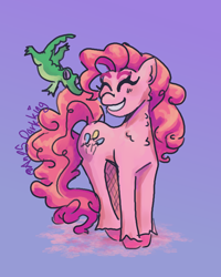 Size: 3200x4000 | Tagged: safe, artist:an25darkking, derpibooru import, gummy, pinkie pie, alligator, earth pony, pony, g4, biting, duo, duo male and female, eyes closed, female, grin, male, mare, purple background, signature, simple background, smiling, tail, tail bite, unshorn fetlocks