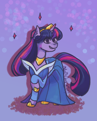 Size: 3200x4000 | Tagged: safe, artist:an25darkking, derpibooru import, twilight sparkle, unicorn twilight, pony, unicorn, g4, clothes, crown, disney, dress, female, gown, gradient background, grin, high res, hoof shoes, jewelry, mare, princess aurora, princess shoes, raised hoof, raised leg, regalia, signature, sleeping beauty, smiling, solo, sparkles