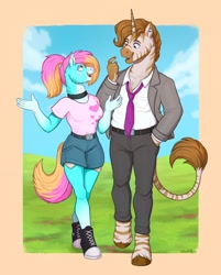 Size: 1650x2048 | Tagged: safe, artist:birdoffnorth, derpibooru import, oc, oc only, oc:classy straps, oc:country curves, anthro, earth pony, unguligrade anthro, zebra, zebracorn, anthro oc, choker, clothes, converse, duo, earth pony oc, female, height difference, looking at each other, looking at someone, male, necktie, oc x oc, shipping, shoes, shorts, straight, suit, talking, walking