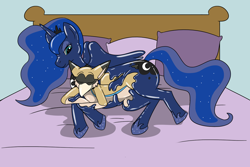 Size: 1280x853 | Tagged: safe, artist:fox0808, derpibooru import, princess luna, oc, alicorn, griffon, pony, absorption, bed, bondage, encasement, griffon oc, latex, latex griffon, living clothes, living latex, living suit, lying down, plushie, prone, sleeping