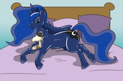 Size: 1280x846 | Tagged: safe, artist:fox0808, derpibooru import, princess luna, oc, alicorn, griffon, pony, absorption, bed, bondage, encasement, griffon oc, latex, living clothes, living latex, living suit, lying down, plushie, prone, sleeping