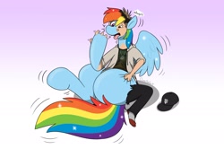 Size: 2048x1357 | Tagged: safe, artist:fox0808, derpibooru import, rainbow dash, human, pegasus, pony, g4, clothes, featureless crotch, gradient background, human to pony, open mouth, sitting, solo, sparkles, species swap, tongue, tongue out, torn clothes, transformation