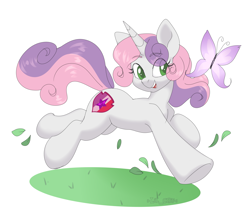 Size: 3351x2969 | Tagged: safe, artist:lil_chif, derpibooru import, sweetie belle, butterfly, pony, unicorn, g4, cute, diasweetes, female, filly, foal, grass, head turn, horn, looking at something, looking sideways, open mouth, open smile, side view, smiling, solo