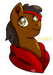 Size: 874x1240 | Tagged: safe, artist:galactichooves, derpibooru import, oc, oc only, oc:twinny, earth pony, pony, badge, brown, bust, clothes, golden eyes, hoodie, looking at you, looking away, male, male oc, outline, request, requested art, requests, signature, simple background, smiling, smiling at you, solo, stallion, text, transparent background, white outline