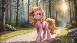 Size: 3840x2160 | Tagged: safe, ai content, derpibooru import, machine learning generated, luster dawn, pony, unicorn, g4, bush, cute, day, female, forest, horn, looking at you, looking sideways, mare, nature, outdoors, pathway, prompter:bluetoothworld, rock, smiling, smiling at you, solo, sun, three quarter view, tree