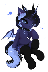 Size: 2874x4250 | Tagged: safe, artist:empress-twilight, derpibooru import, oc, oc only, oc:blizzard shard, bat pony, incubus, pony, :p, belly, belly button, black sclera, chest fluff, clothes, collar, constellation freckles, crescent moon, dark coat, freckles, horns, moon, panties, short mane, simple background, socks, solo, spiked collar, star freckles, tail, tongue, tongue out, transparent background, two toned mane, two toned tail, underwear