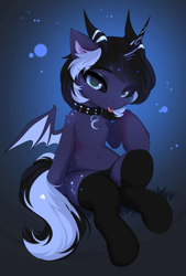 Size: 2874x4250 | Tagged: safe, artist:empress-twilight, derpibooru import, oc, oc only, oc:blizzard shard, bat pony, incubus, pony, :p, belly, belly button, black sclera, chest fluff, clothes, collar, commission, constellation freckles, crescent moon, dark coat, freckles, horns, moon, panties, short mane, simple background, socks, solo, spiked collar, star freckles, tail, tongue, tongue out, two toned mane, two toned tail, underwear, ych result